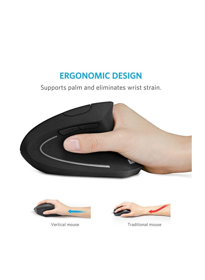 Rechargeable Ergonomic Wireless Mouse 2.4G USB Optical Vertical Mouse with 3 Adjustable DPI 800/1200/1600 Levels 6 Buttons for Computer Laptop PC MacBook (Black)