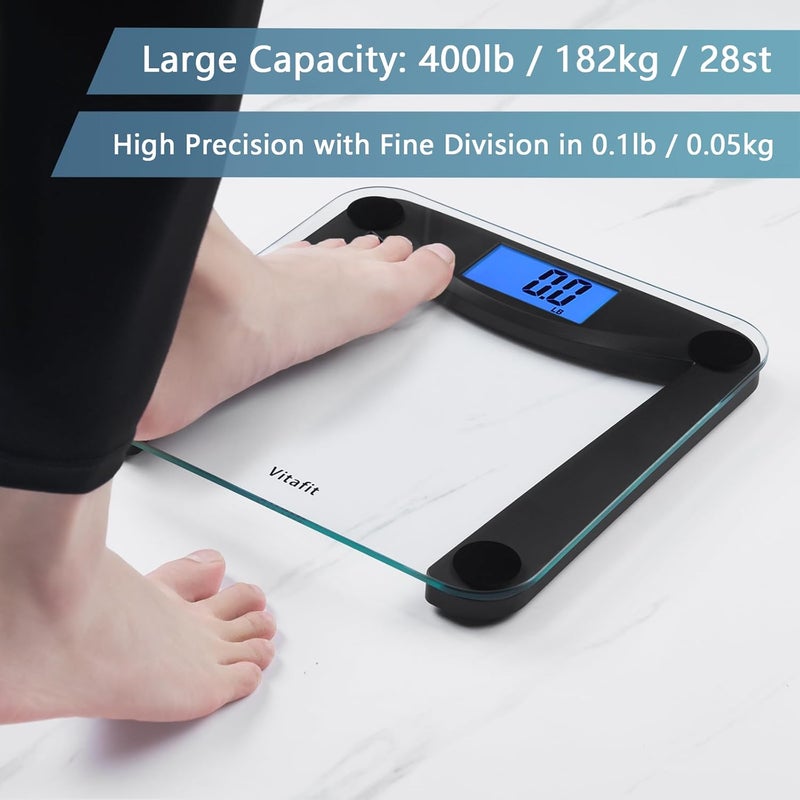 Vitafit Digital Body Weight Bathroom Scale, Focusing on High Precision Technology for Weighing Over 20 Years, Extra Large Blue Backlit LCD and Step-On, Batteries Included, 400lb/180kg, Superb Black - Image 4