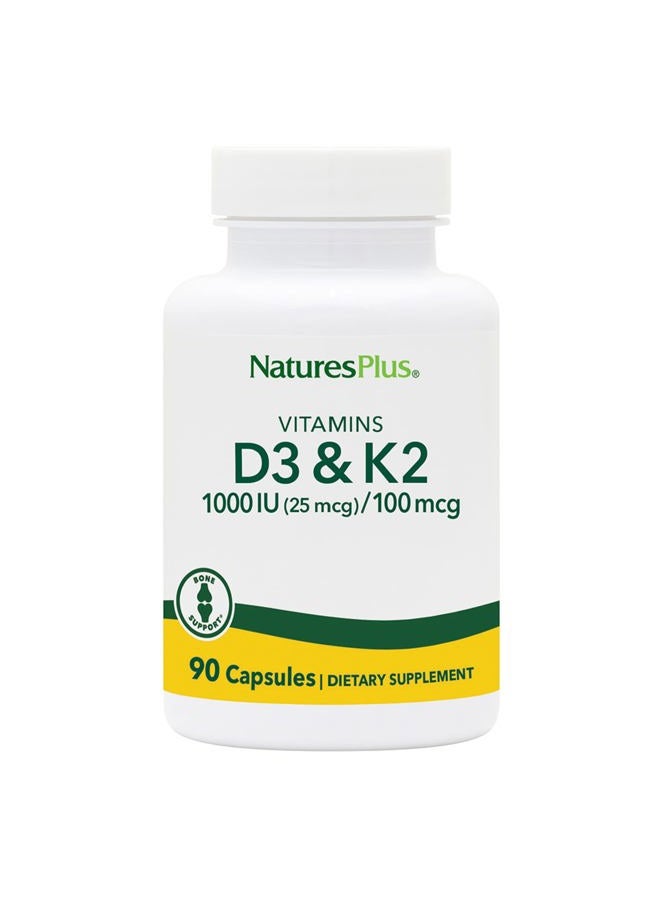 Nature's Plus Vitamins D3 (1000 IU) & K2 (100 mcg) - Vegetarian, Gluten Free - 90 Capsules, 90 Servings  - Image 1