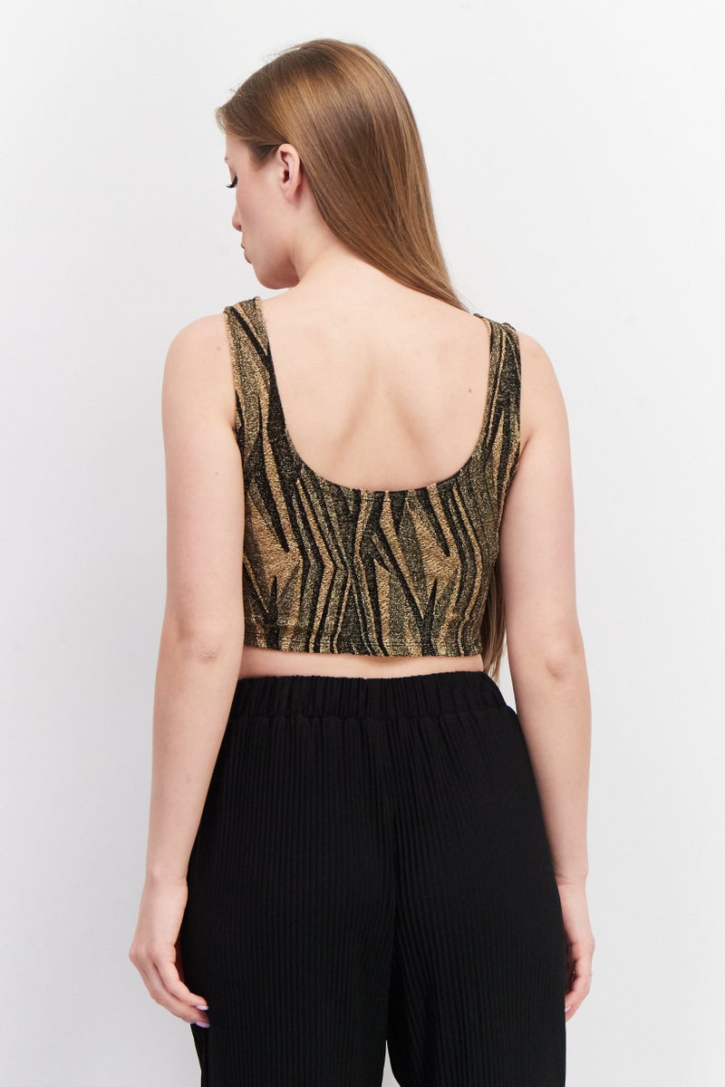 Aqua بلوزة نسائية بدون أكمام بتصميم دائري، معدنية، ذهبية - Image 2