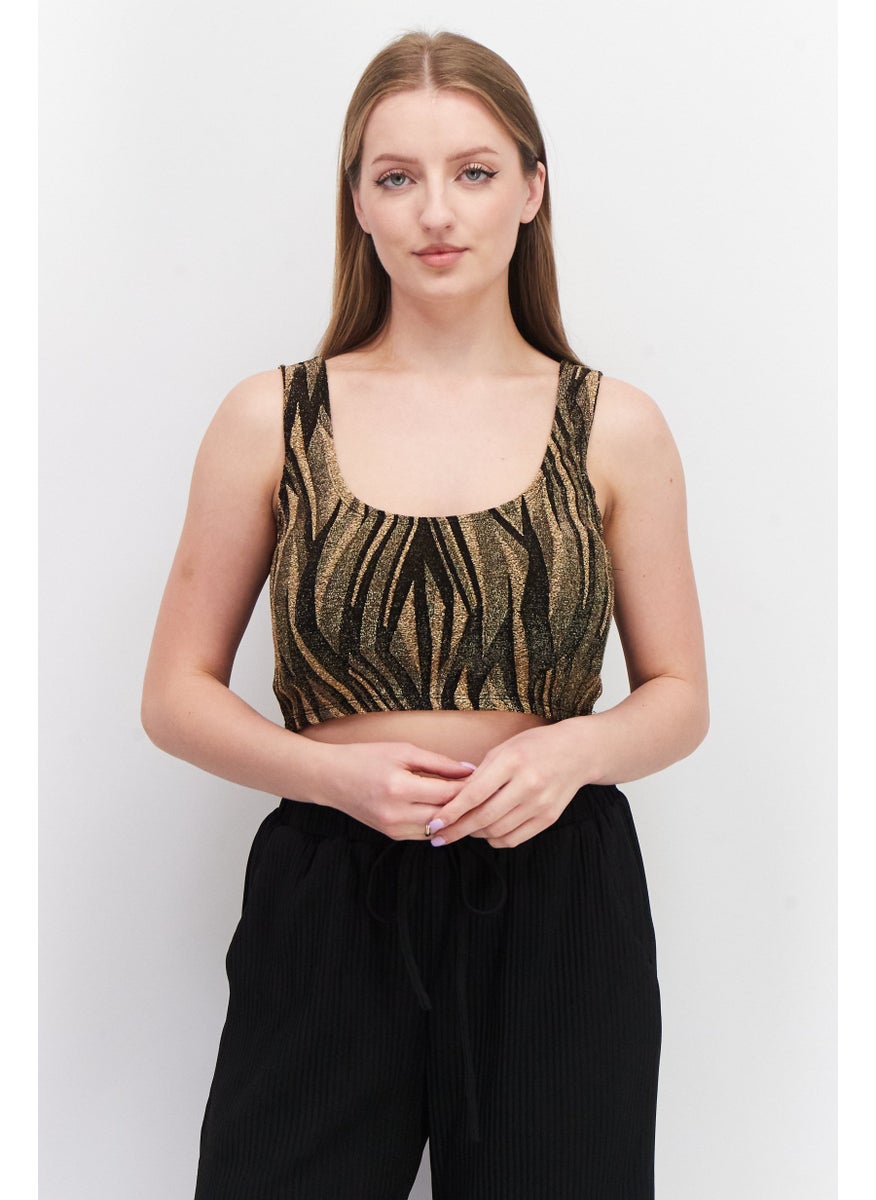 Aqua - Women Scoop Neck Sleeveless Metallic Top, Gold - Image 1