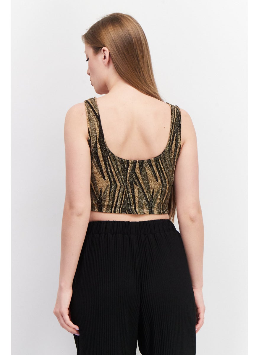 Aqua - Women Scoop Neck Sleeveless Metallic Top, Gold - Image 1