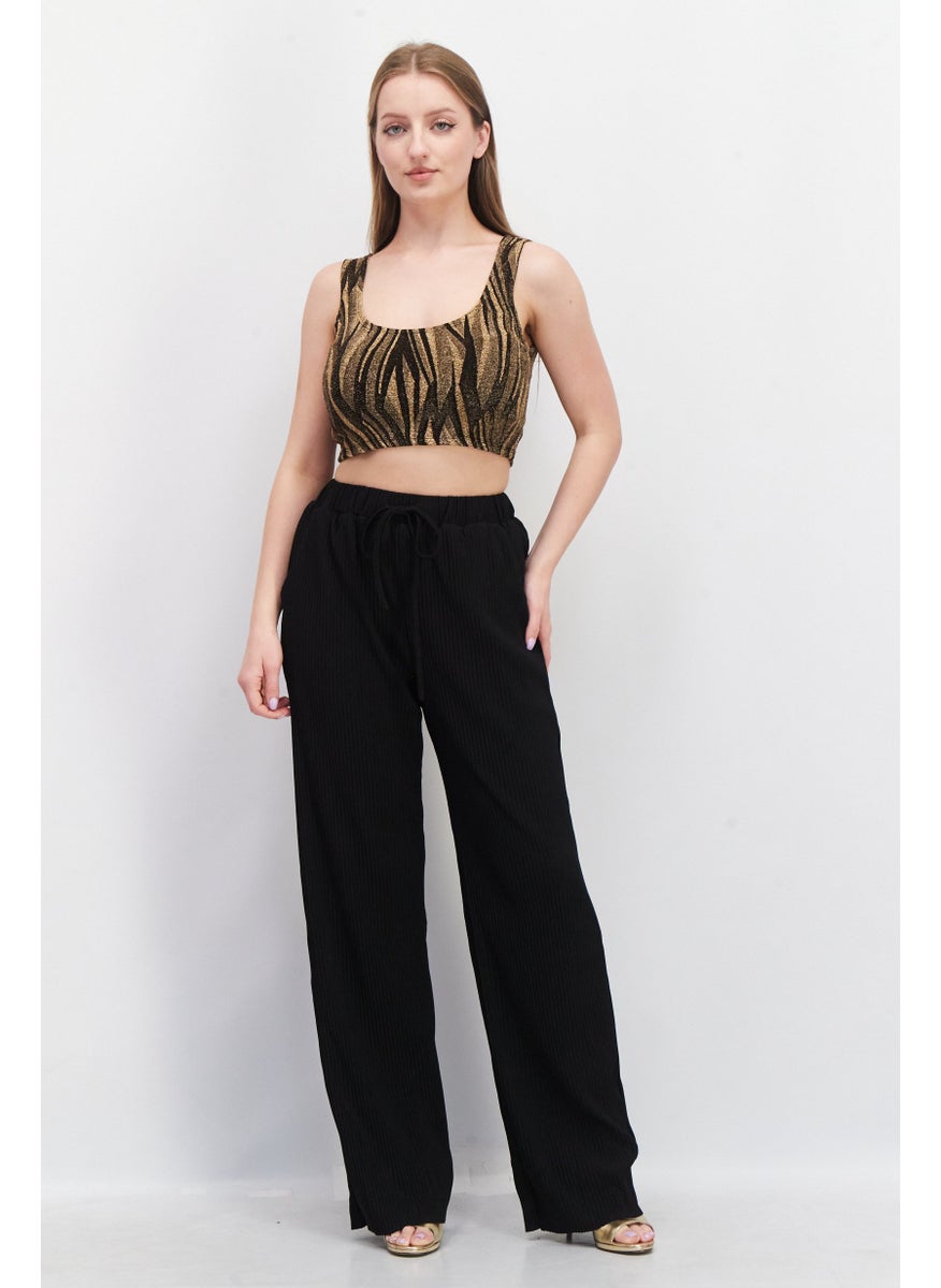 Aqua - Women Scoop Neck Sleeveless Metallic Top, Gold - Image 1