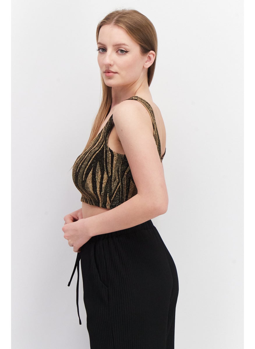 Aqua - Women Scoop Neck Sleeveless Metallic Top, Gold - Image 1