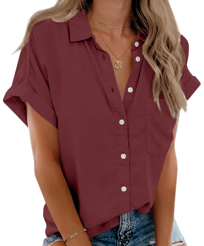 Beautife Womens Short Sleeve Shirts V Neck Collared Button Down Shirt Tops with Pockets - Image 1