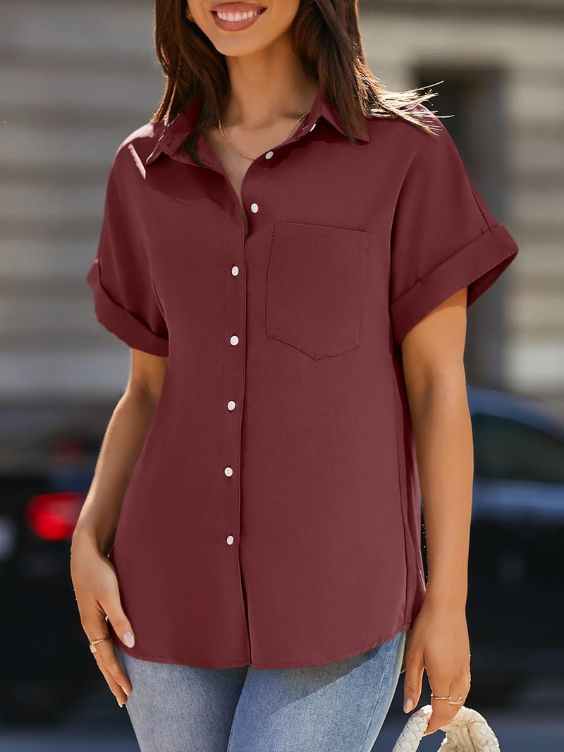Beautife Womens Short Sleeve Shirts V Neck Collared Button Down Shirt Tops with Pockets - Image 2