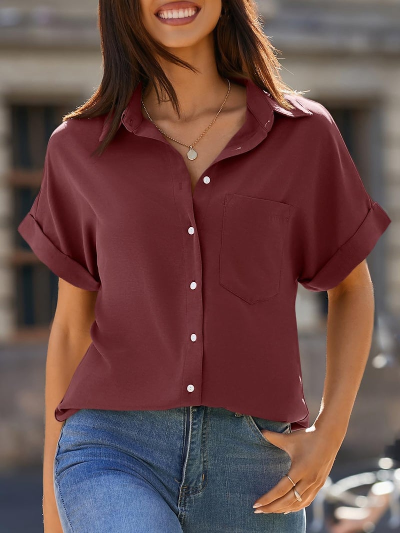 Beautife Womens Short Sleeve Shirts V Neck Collared Button Down Shirt Tops with Pockets - Image 3