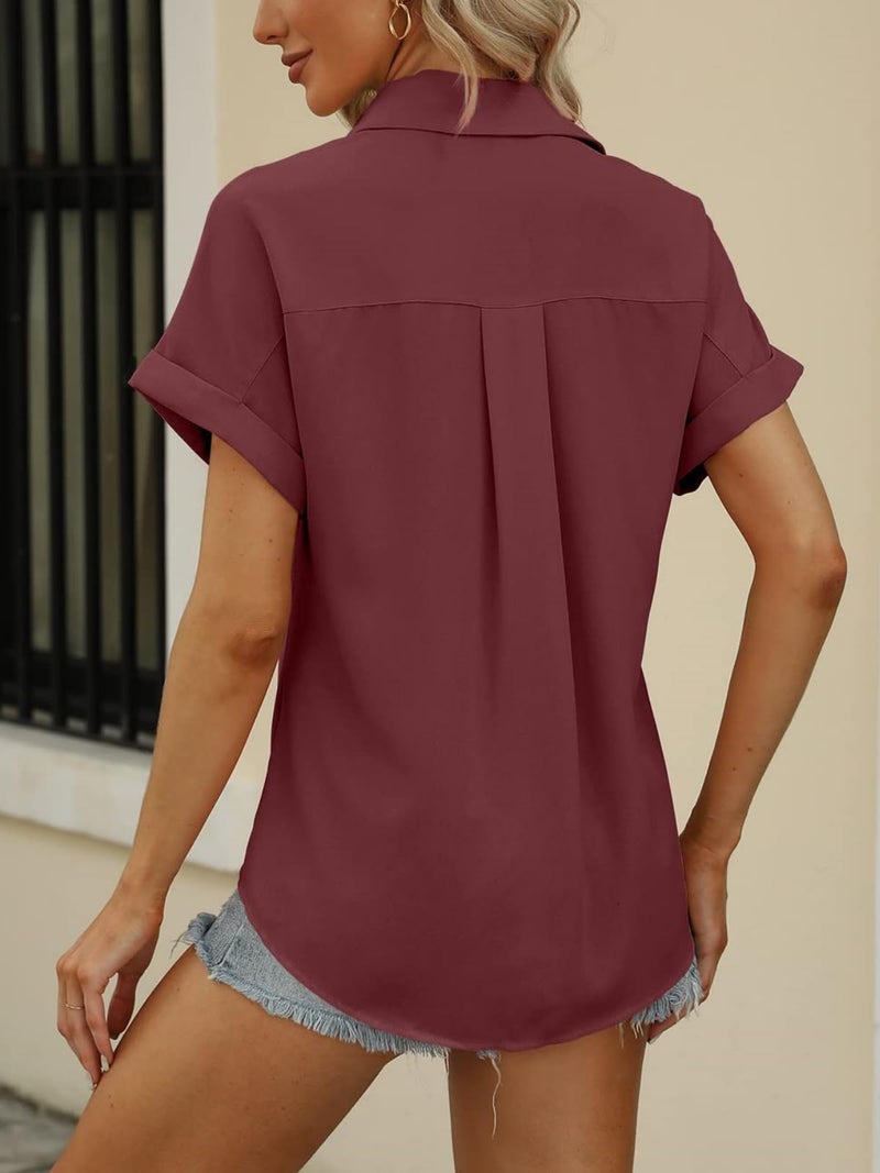 Beautife Womens Short Sleeve Shirts V Neck Collared Button Down Shirt Tops with Pockets - Image 5