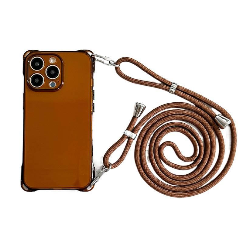 MS غطاء واقي بسيليكون لـ iPhone 14 / 14 Plus / 14 Pro / 14 Pro Max مع حبل تعليق وحماية من السقوط مع مقاوم للصدمات مع حزام قابل للتعديل باللون Transparent Brown بظهر شفاف من السيليكون. - Image 1