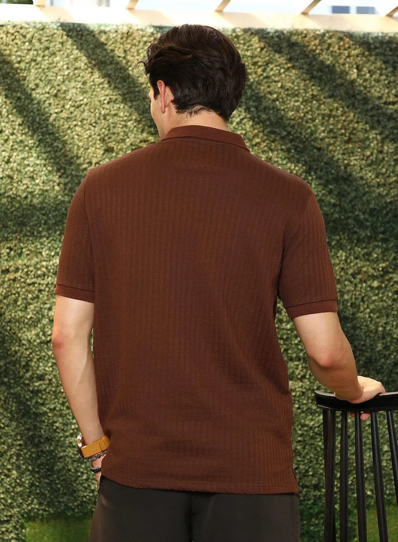 Campus Sutra Campus Sutra Men's Chocolate Brown Ripple-Lined Tactile Polo T-Shirt | Textured Knit Design With Breathable Cotton Blend | Regular Fit & Short Sleeve | Casual Wear For Everyday Comfort & Style