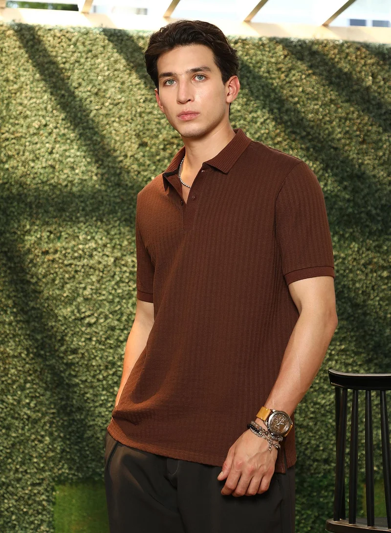 Campus Sutra Campus Sutra Men's Chocolate Brown Ripple-Lined Tactile Polo T-Shirt | Textured Knit Design With Breathable Cotton Blend | Regular Fit & Short Sleeve | Casual Wear For Everyday Comfort & Style