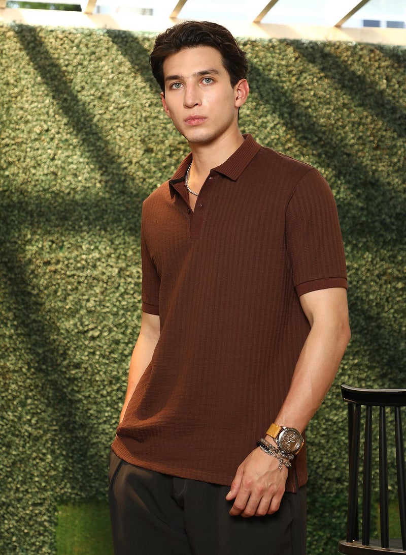 Campus Sutra Campus Sutra Men's Chocolate Brown Ripple-Lined Tactile Polo T-Shirt | Textured Knit Design With Breathable Cotton Blend | Regular Fit & Short Sleeve | Casual Wear For Everyday Comfort & Style - Image 3