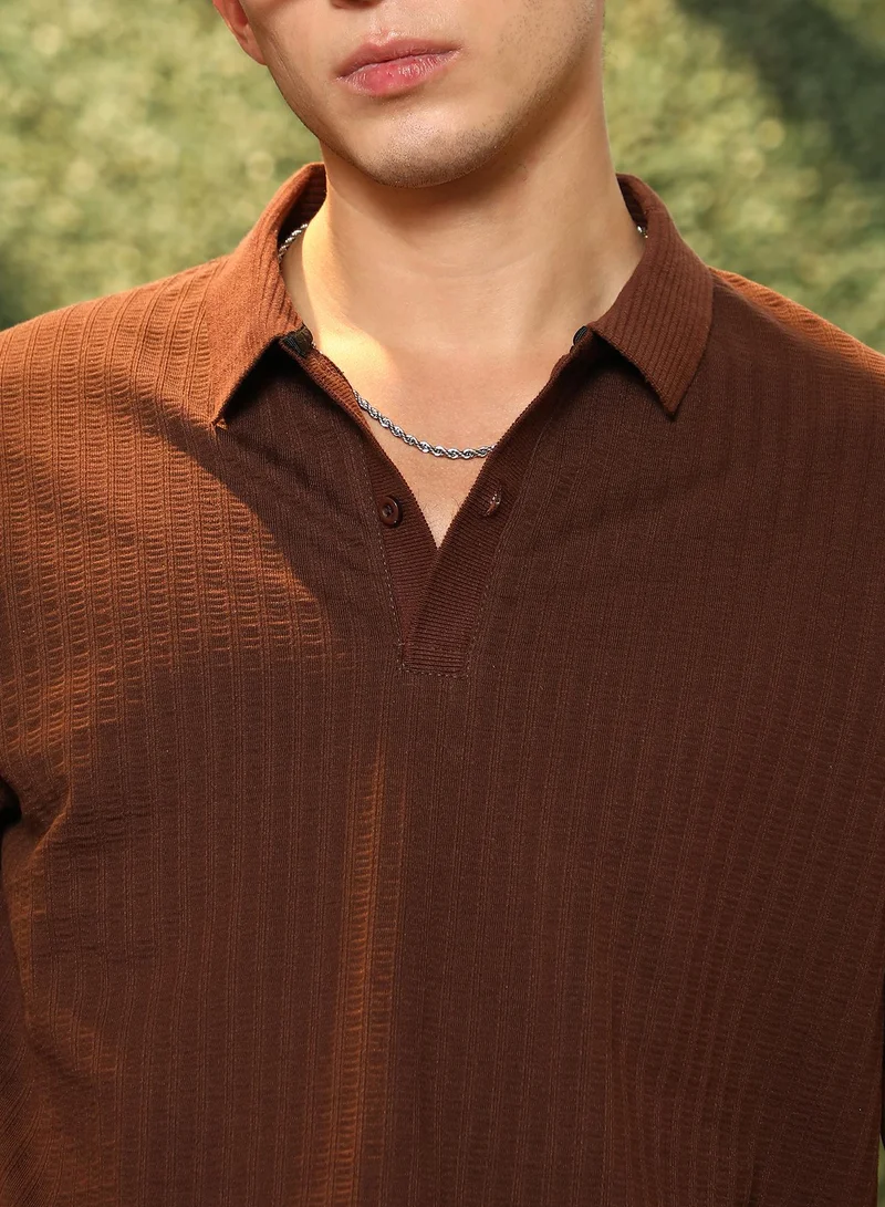 Campus Sutra Campus Sutra Men's Chocolate Brown Ripple-Lined Tactile Polo T-Shirt | Textured Knit Design With Breathable Cotton Blend | Regular Fit & Short Sleeve | Casual Wear For Everyday Comfort & Style
