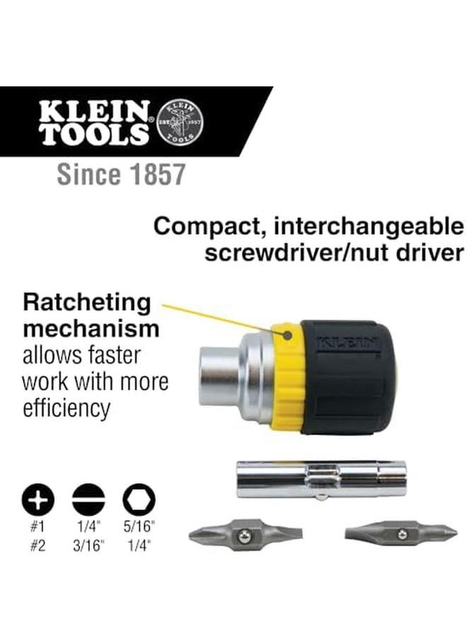 Klein Tools - 32593 Multi Bit Ratcheting Screwdriver 6 Inch 1 Stubby Tool With Phillips And Slotted Bits And 2 Nut Driver Sizes - Image 1