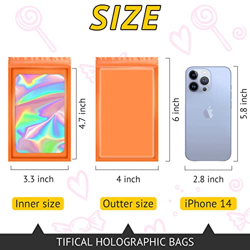 TIFICAL 100 PCS Mylar Holographic Bags Smell Proof Bags Clear Resealable Bags Valentines Day Decorations Gift Baggies for Bracelet Lipgloss Eyelash Jewelry Packaging Orange 4x6 Inch - Image 5