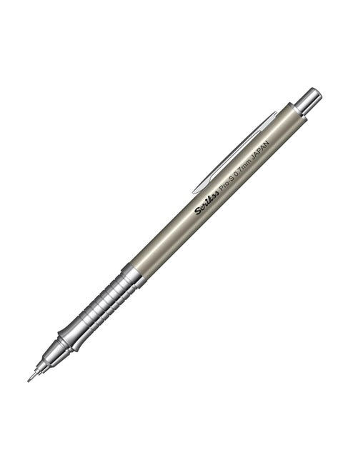 Scrikss ProS 07mm Mechanical Lead Pencil Brushed Grey Barrel Brass Body Push Mechanism Mini Eraser Included Chrome Plated Grip with Linear AntiSlip Pattern