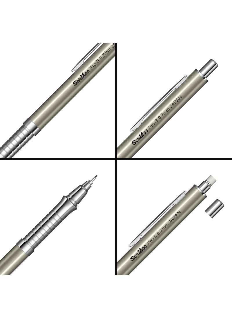 Scrikss - Scrikss ProS 07mm Mechanical Lead Pencil Brushed Grey Barrel Brass Body Push Mechanism Mini Eraser Included Chrome Plated Grip with Linear AntiSlip Pattern - Image 1