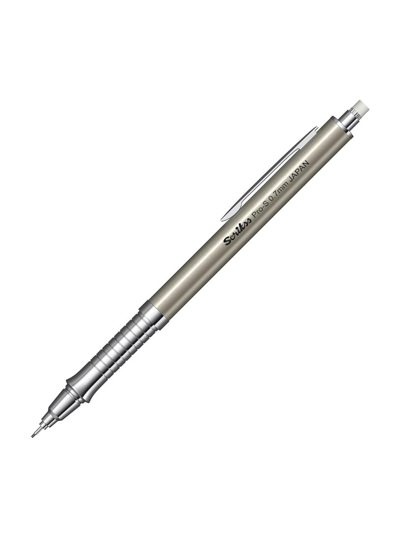 Scrikss - Scrikss ProS 07mm Mechanical Lead Pencil Brushed Grey Barrel Brass Body Push Mechanism Mini Eraser Included Chrome Plated Grip with Linear AntiSlip Pattern - Image 1