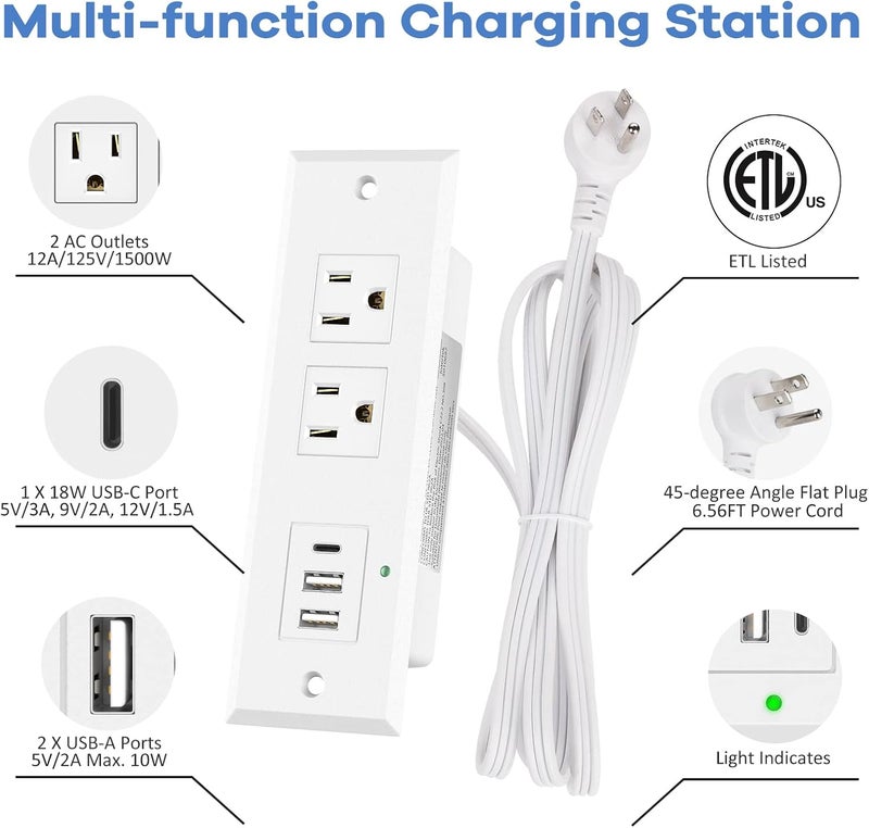 Kungfuking Recessed Power Strip with Type-C Port, Desk Outlets with 2 USB-A & 1 USB-C Port, Furniture Flush Mount Power Strip for Drawer, Side Table, Conference, 45 Degree Flat Plug 6.56 FT Cord, ETL Listed - Image 2