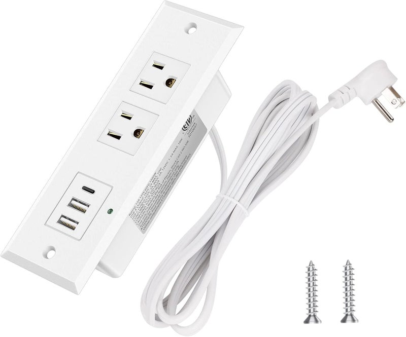 Kungfuking Recessed Power Strip with Type-C Port, Desk Outlets with 2 USB-A & 1 USB-C Port, Furniture Flush Mount Power Strip for Drawer, Side Table, Conference, 45 Degree Flat Plug 6.56 FT Cord, ETL Listed - Image 1