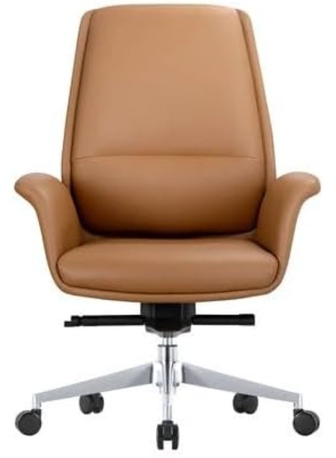 كاليبر كرسي مكتب كاليبر نيكسوس متوسط ​​الظهر، بتنجيد من الجلد البني، ومساند ذراع مبطنة من الجلد الصناعي، وآلية إمالة قابلة للتعديل، ووضعية قفل، وقاعدة ألومنيوم متينة، وعجلات من النايلون.