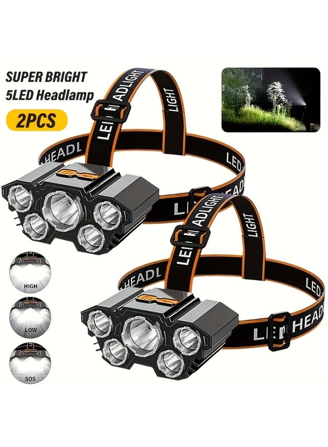 2 قطع من المصابيح الأمامية القابلة لإعادة الشحن مع 5 لمبات LED فائقة السطوع، شحن عبر USB، 3 أوضاع، مقاومة للماء، مناسبة للجري في الهواء الطلق والصيد والتخييم والعمل. - Image 1