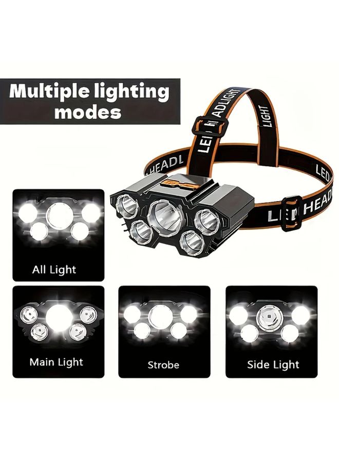 2 قطع من المصابيح الأمامية القابلة لإعادة الشحن مع 5 لمبات LED فائقة السطوع، شحن عبر USB، 3 أوضاع، مقاومة للماء، مناسبة للجري في الهواء الطلق والصيد والتخييم والعمل. - Image 2