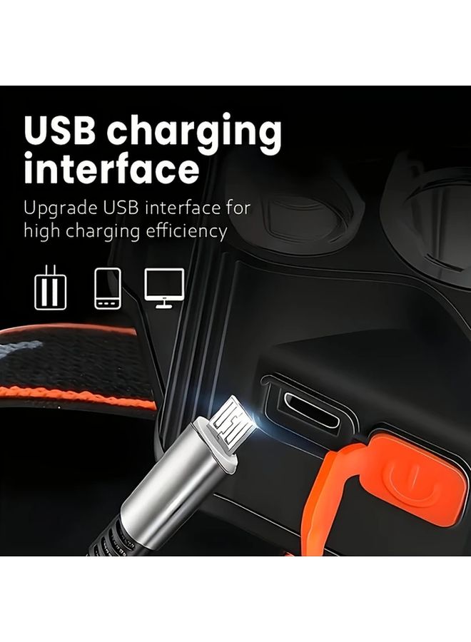 2 قطع من المصابيح الأمامية القابلة لإعادة الشحن مع 5 لمبات LED فائقة السطوع، شحن عبر USB، 3 أوضاع، مقاومة للماء، مناسبة للجري في الهواء الطلق والصيد والتخييم والعمل. - Image 4