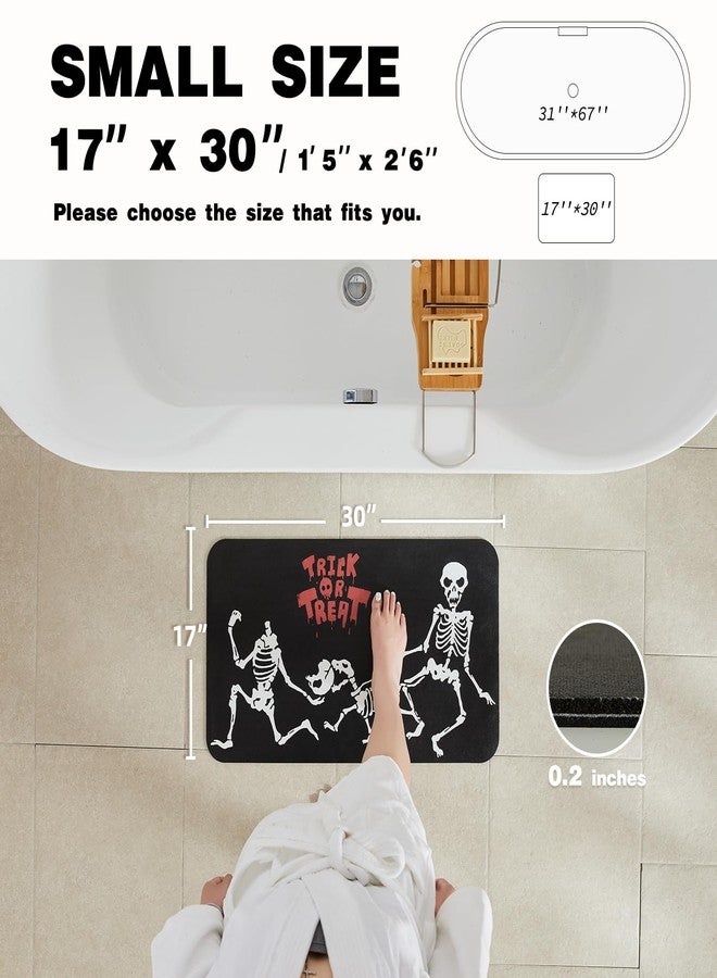 TYUU Halloween Bath Mat, Thin Halloween Bathroom Rug Non Slip Quick Dry Skeleton Bath Mat Fits Under Door Thin Floor Mat Halloween Decor, 17''x30'', Skull Treat or Trick Black - Image 2