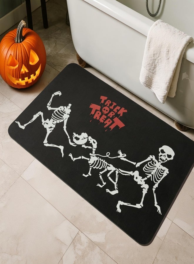 TYUU Halloween Bath Mat, Thin Halloween Bathroom Rug Non Slip Quick Dry Skeleton Bath Mat Fits Under Door Thin Floor Mat Halloween Decor, 17''x30'', Skull Treat or Trick Black - Image 1