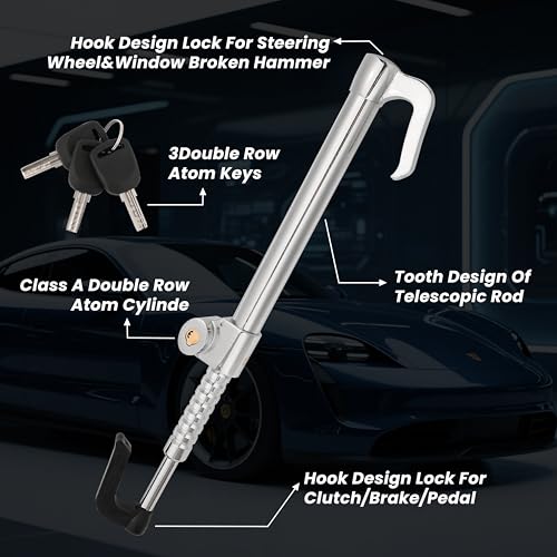 DUKVI Anti-Theft Steering Wheel & Brake Pedal Lock with Retractable Double Hook, 3 Double Row Atom Keys, Car Security Lock for Truck SUV Van, Emergency Window Breaker, Max Length 33.5" - Image 5