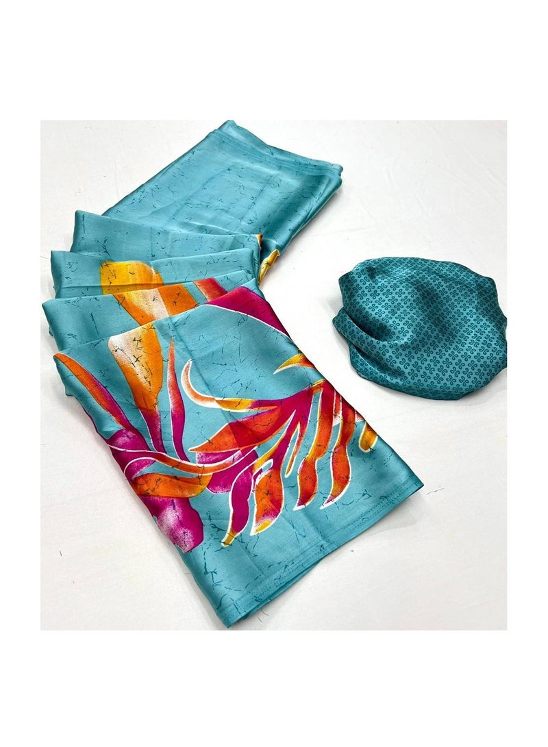 Grab Mantra Satin Blue Base Pink Print Beautiful Saree With Unstitched Blouse  - Image 2
