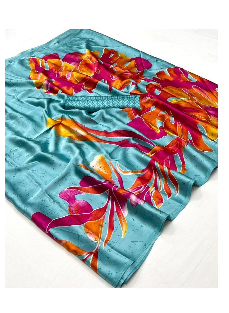 Grab Mantra Satin Blue Base Pink Print Beautiful Saree With Unstitched Blouse  - Image 1