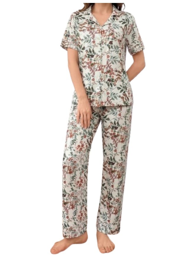Women's cotton two-piece pajama set (short-sleeved button-up top and long pants) - comfortable casual sleepwear for home - Image 1