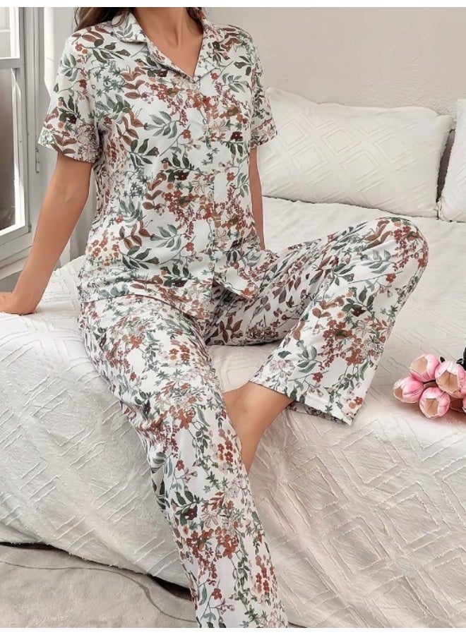 Women's cotton two-piece pajama set (short-sleeved button-up top and long pants) - comfortable casual sleepwear for home - Image 2
