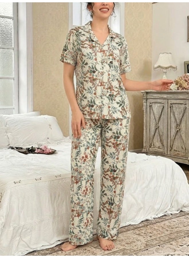 Women's cotton two-piece pajama set (short-sleeved button-up top and long pants) - comfortable casual sleepwear for home - Image 3
