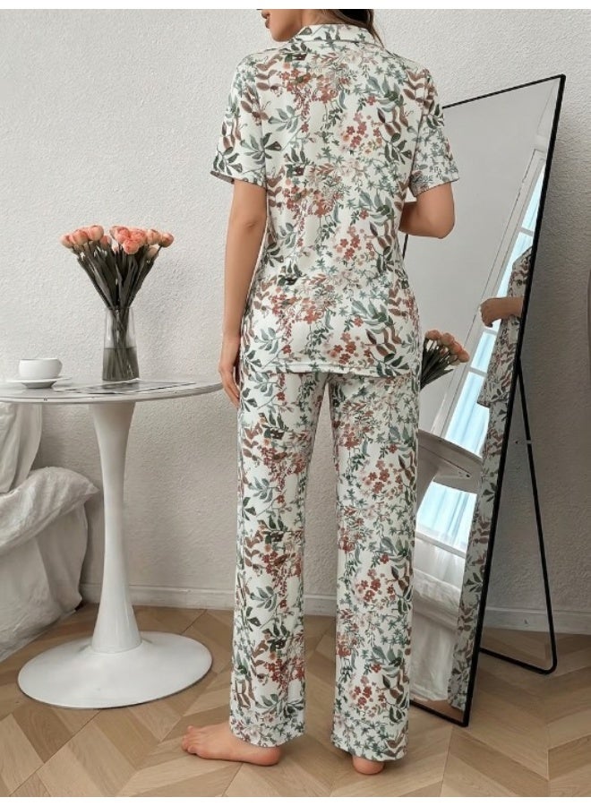Women's cotton two-piece pajama set (short-sleeved button-up top and long pants) - comfortable casual sleepwear for home - Image 4