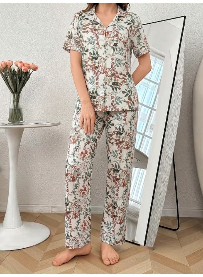 Women's cotton two-piece pajama set (short-sleeved button-up top and long pants) - comfortable casual sleepwear for home - Image 5