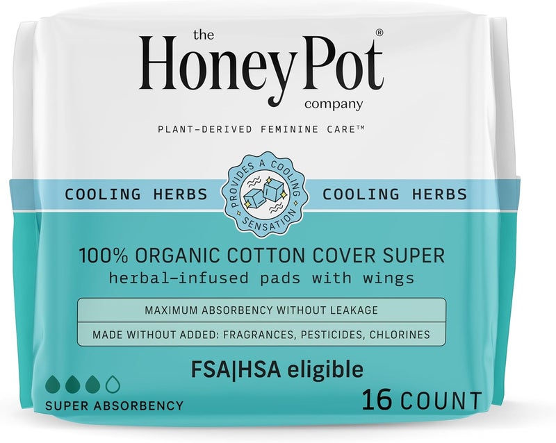 The Honey Pot Company - Herbal Pads for Women - Super w/Wings - Infused w/Essential Oils for Cooling Effect, Organic Cotton Cover, & Ultra-Absorbent Pulp Core - Feminine Care - FSA & HSA - 16 ct