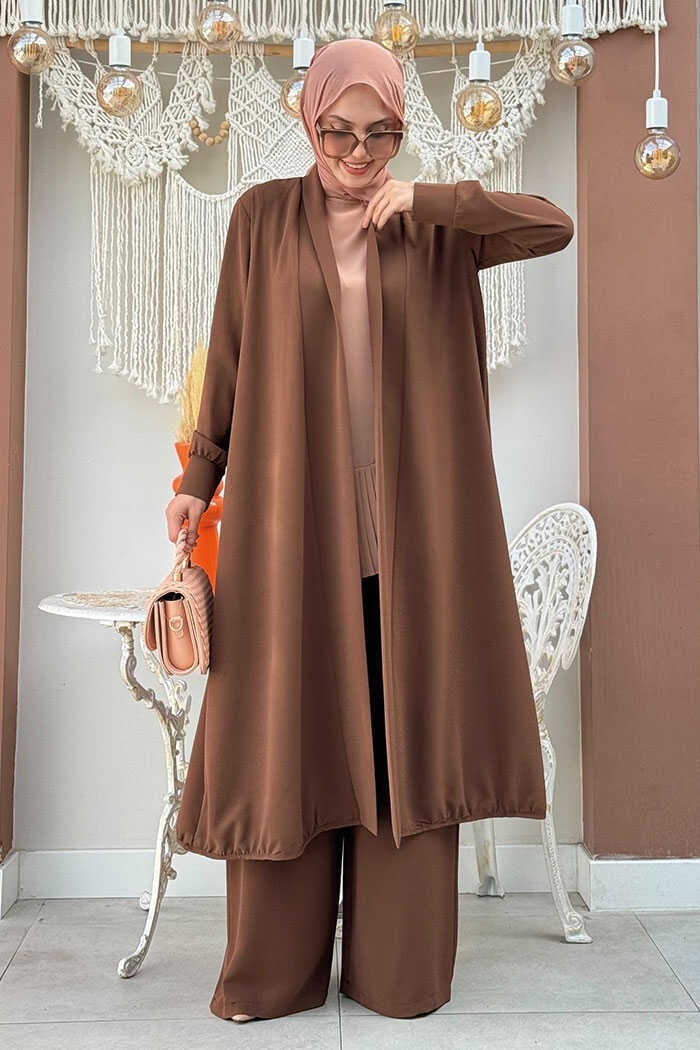 Bym Fashion Kimono Waist Elastic Trouser Set 8560 Brown  - Image 1