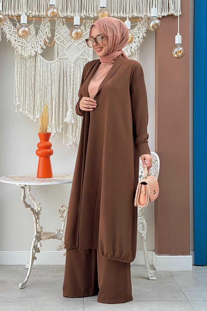 Bym Fashion Kimono Waist Elastic Trouser Set 8560 Brown  - Image 2