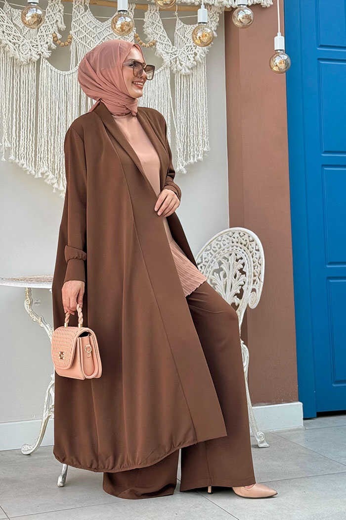 Bym Fashion Kimono Waist Elastic Trouser Set 8560 Brown  - Image 3