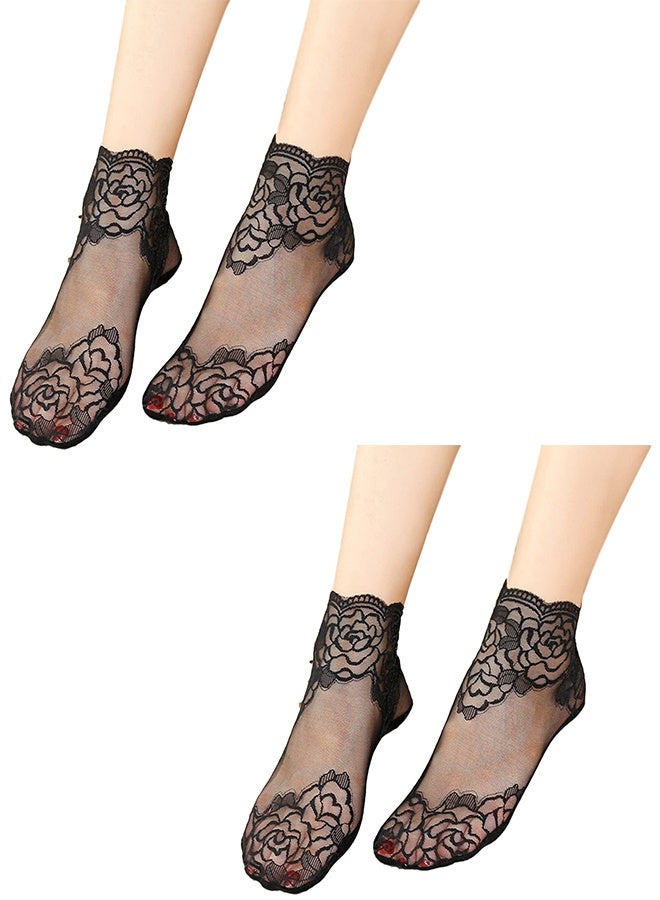 2 pack Socks, Breathable Lace Flower Short Socks Mesh Thin Silk Socks Hollow out Women Wicking Low Cut Ankle Socks - Image 1