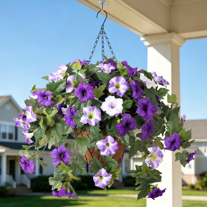 Ammyoo Artificial Hanging Fake Flowers with Basket Plants for Outdoor Decoration Faux Silk Flower UV Resistant Morning Glory for Home Porch Patio Garden Balcony Yard Look Real Purple White - Image 2