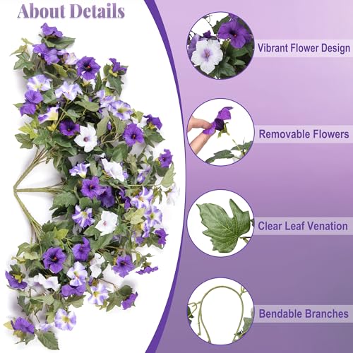 Ammyoo Artificial Hanging Fake Flowers with Basket Plants for Outdoor Decoration Faux Silk Flower UV Resistant Morning Glory for Home Porch Patio Garden Balcony Yard Look Real Purple White - Image 3