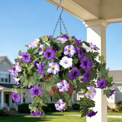 Ammyoo Artificial Hanging Fake Flowers with Basket Plants for Outdoor Decoration Faux Silk Flower UV Resistant Morning Glory for Home Porch Patio Garden Balcony Yard Look Real Purple White - Image 1
