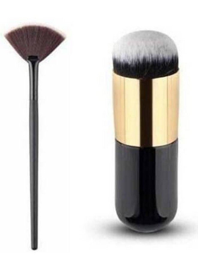 SUNISA Black 1 Slim Fan Makeup Highlighter Cosmetic Makeup Brush And 1 Black Mini Foundation Brush For Womens And Girls (Pack Of 2) - Image 1
