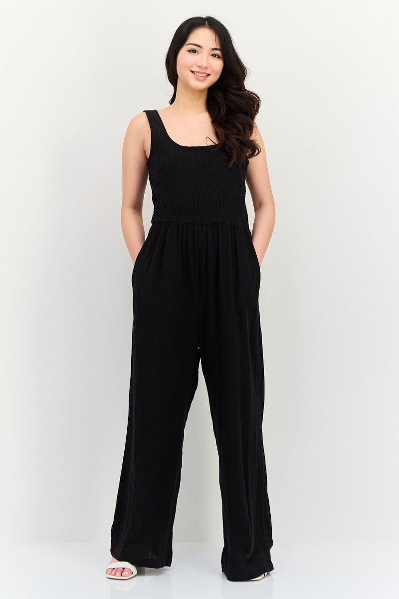 BRAVE SOUL Women Shirred Sleeveless Jumpsuit, Black - Image 1