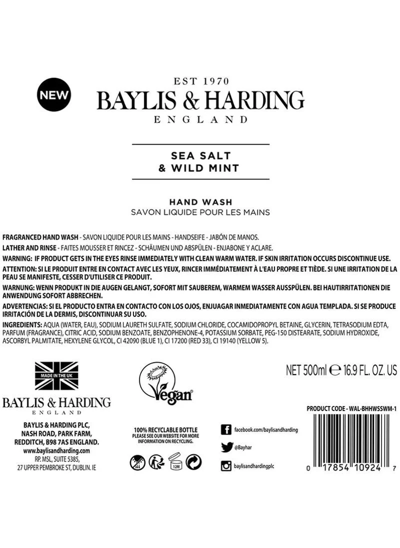Baylis & Harding  Sea Salt and Wild Mint Hand Wash, 500ml | Vegan Friendly, Moisturizing, Refreshing Liquid Soap for Hands | Gentle, Paraben-Free Formula for Daily Use  | Best Price UAE