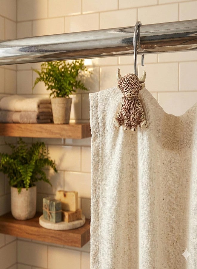 Popkozzi Highland Cow Shower Curtain Hooks: Rustproof Stainless Steel Decorative Rings - Vintage Western, Boho Farmhouse, Lodge & Woodland-Themed Highland Cow Bathroom Décor for Rustic Country Western Accents - Image 2